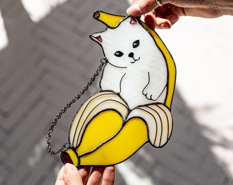 Cat in banana Stained Glass Suncather. Kitchen decor, funny wall sun catcher, nursery decor, window hangings, Mother's Day gift