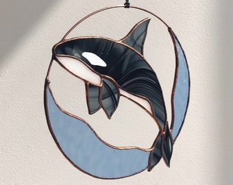Stain Glass Suncatcher Whale. Blue Home House Decor. Window Wall Corner Decoration