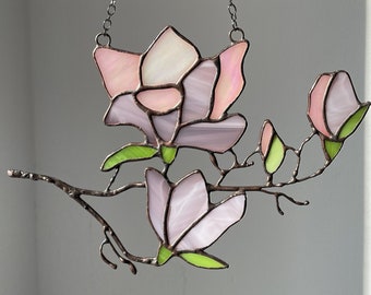 Magnolia Twig Branch Stained Glass Suncatcher Flower Gift Woman Girl Home Decor Window Wall Mothers Day, plant lover mom gift decor