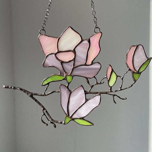 Magnolia Twig Branch Stained Glass Suncatcher Flower Gift Woman Girl Home Decor Window Wall Mothers Day, plant lover mom gift decor