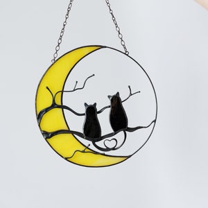 Chats mystiques sur la lune en vitrail Suncather. Décoration d'Halloween, cadeau pour maman, cadeau commémoratif