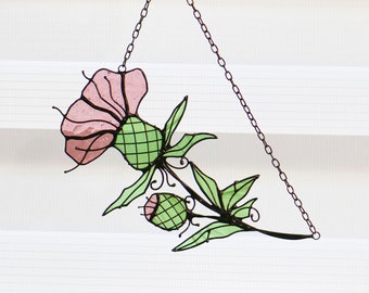 Thistle Twig Branch Stained Glass Suncatcher Flower Gift for Woman Girl House Home Decor Window Wall Mothers Day Pendant Leaf