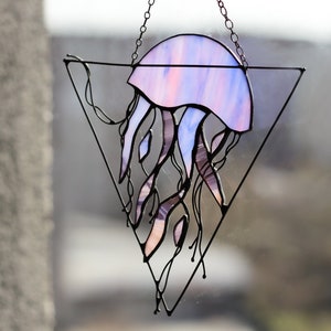 Purple Jellyfish Stained Glass Suncatcher. House Home Decor. Window Wall Hangings.