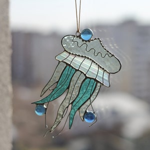 Green Jellyfish Stained Glass Suncatcher. House Home Decor. Window Wall Hangings. Cling