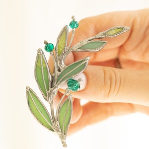 Laurel Branch Brooch. Stained Glass Broach. Accessories Jewelry Pin Leaf. Mother's Small Gift