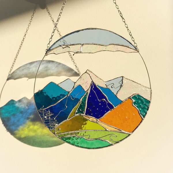 Stain Glass Panel Suncatcher Picture Mountains Hill Landscape Home Decor For Window Wall Cling Nature Ornament Gift for Mothers day House