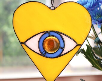 Yellow Heart Eye Suncatcher Stained glass Sun Catcher Home House Decor Window Wall Decoration Art Living. Grandma gift