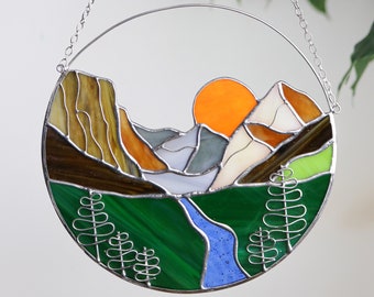 Mother's Gift Stain Glass Panel Suncatcher Picture Mountains Hill Landscape Home Decor For Window Wall Cling Nature Ornament House