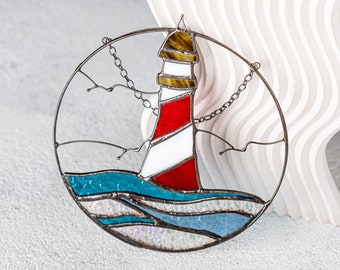 Stained Glass Suncatcher lighthouse. Window Wall Hangings. Beacon Blue Home House Decor. Decorations Pike. Sun Catcher