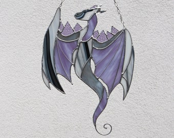 Purple Grey Dragon Hanging Stained Glass Sun Catcher Bird mystical Suncatcher Home House Decor Window Wall Animal