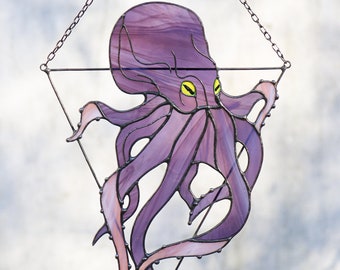 Purple Octopus Stained Glass Suncatcher. House Home Decor. Window Wall Hangings. Halloween Creepy Cling kraken tentacles