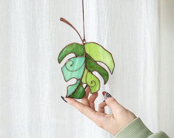Stained Glass Green Monstera Suncatcher Leaf Gift Home Decor Garden Window Wall Mothers Gift Window Art Cling Ornament