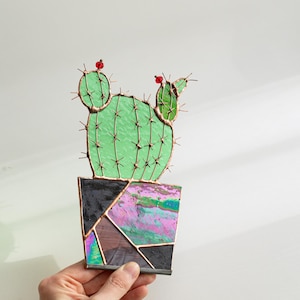 Green Stain Glass Flowerpot Cactus, Decor Plant Window Sill Decoration Mothers Day Gift Art Woman