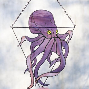 Purple Octopus Stained Glass Suncatcher. House Home Decor. Window Wall Hangings. Halloween Creepy Cling kraken tentacles