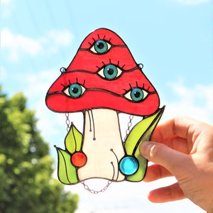 Stained Glass Mushrooms amanita Suncatcher Halloween Gift Home Art Window Wall Nature Decorations Hanging fly, Gardens Forest