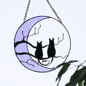 Cats on the Moon Halloween Stained Glass Suncather decor, Pet Lover gift for mom, Mother's Day gift