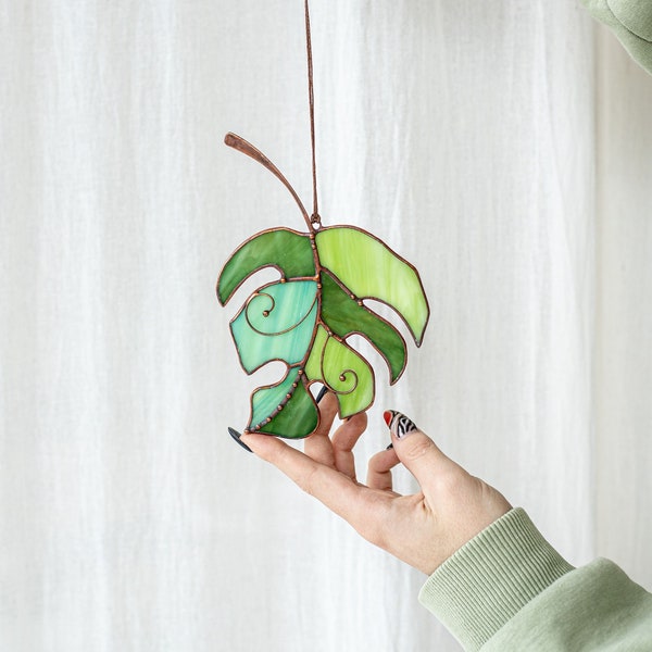 Stained Glass Green Monstera Suncatcher Leaf Gift Home Decor Garden Window Wall Mothers Gift Window Art Cling
