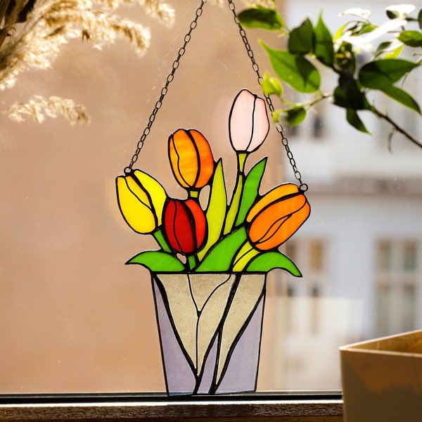 Grandma mother's gift, Mum Bouquet Flower Tulip Stained Glass Suncatcher, Flowerpot Window Wall Hangings Living room art