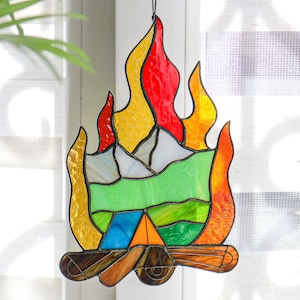 Bonfire Stained Glass Panel Suncatcher Picture Mountains Hill Landscape Home House Decor Window Wall Hanging Cling