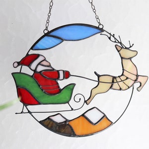 Christmas Santa Claus Deer Sun Catcher Gift Home Decor Window Wall Stained Glass Picture Memorial. New Year gift