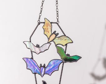 Bats Stained Glass Suncatcher Gothic Decor | Сoffin Window Hanging | Halloween Art | Witchy Home House Wall Horror Gift Dark Academia