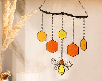 Yellow Honeycomb Bee Suncatcher Dream Sun Catcher Stain Glass Fall Grandma Mother's Day Gift Home House Decor Window Wall Decoration Art