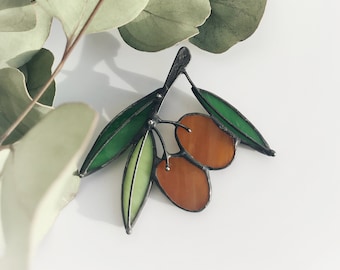 Groene Olijftak Broach Vlekglas Bladbroche Oranje Plantdecoratie Natuurcadeau Moeders Vrouw Meisje Badge Accessoires Imitatie Sieraden