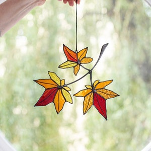 Maple leaf Branch Canada Day Symbol Fall Stained Glass Suncatcher House Home Decor Window Wall Hangings Gift for Woman Girl