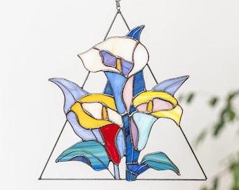 Flores de lirio de cala de vidrieras, colgantes de ventanas Suncatcher, regalo del Día de la Madre, regalo de la abuela, lirio de arum