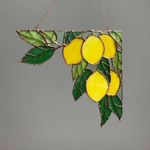 Yellow Corner Branch of lemons Suncatcher Ornament Stain Glass Tiffany Home House Decor Window Wall Decoration Boho Nature Art Picture