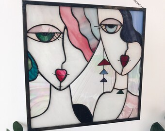 Stain Glass Panel Portrait Picture of Girl Hanging Face Suncatcher, Home Wall Decor