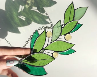 Stained Glass Green Laurel Branch Suncatcher Leaf Home Decor Art Window Wall grandma gift Decorations Hanging