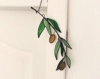 Green Olive Branch Suncatcher Stained Glass Leaf Mothers day gift from son Home Decor Window Wall Decorations Hanging