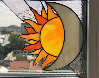 Corner Yellow Sun Moon Suncatcher. Stained Glass Fall Gift Home House Decor Window Wall Hangings Decoration Deco Art