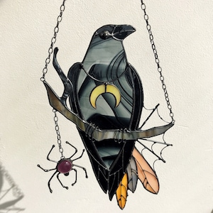 Mystical Crow Raven Witch Decor Halloween Stained Glass Black Suncatcher Home House Window Wall Hangings Horror Ornament Gift