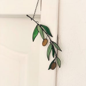 Green Olive Branch Suncatcher Stained Glass Leaf Mothers day gift from son Home Decor Window Wall Decorations Hanging