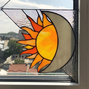 Corner Yellow Sun Moon Suncatcher. Stained Glass Fall Gift Home House Decor Window Wall Hangings Decoration Deco Art