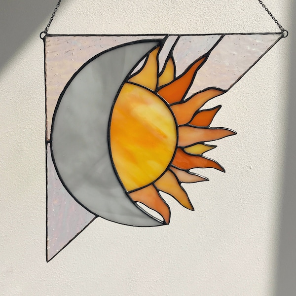 Corner Panel Yellow Sun Moon Suncatcher. Stain Glass Tiffany Gift Home House Decor Window Wall Hangings Decoration Deco Nature Art