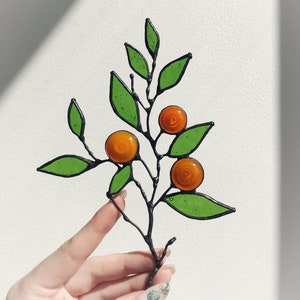 Green Suncatcher Mandarin. Leaf tangerine. Stained Glass Branch Home House Decor. Window Wall Art Hanging, Mother&#39;s Day gift
