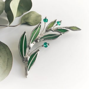 Green Laurel Branch Brooch. Stained Glass Nature Broach. Accessories Imitation Jewelry Pin Leaf. Mother's Small Gift