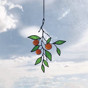 Green Suncatcher Mandarin. Leaf tangerine. Stained Glass Branch Home House Decor. Window Wall Art, Mother&#39;s Day gift