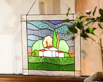 Stained glass Panel Picture Landscape Home House Scenery Church Temple Pendant Wall Hanging Suncatcher Housewarming Gift Woman Decor Window