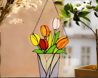 Grandma mother&#39;s gift, Mum Bouquet Flower Tulip Stained Glass Suncatcher, Flowerpot Window Wall Hangings Living room art