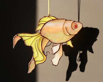 Goldfish Suncatcher Stained Glass Gold fish Decor Home House Window Wall Hangings Yellow Cling Mom Grandma baptism Gift, House