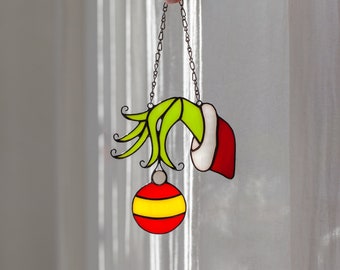 Hand of the Grinch suncatcher stained glass Christmas tree ball, wall window hangings, Sun catcher stained glass decor art, New year decor