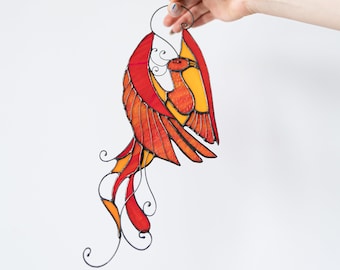 Bird phoenix mystical burning appears ashes Stain Glass Suncatcher Panel Gift Farmhouse Home House Decor Window Wall Hanging Animal