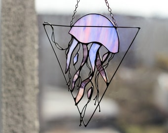 Purple Jellyfish Stained Glass Suncatcher. House Home Decor. Window Wall Hangings.