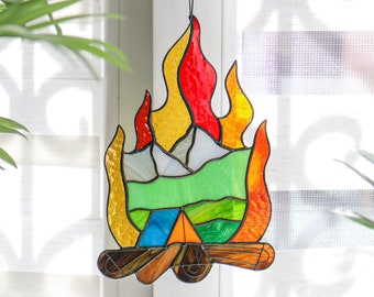 Bonfire Stained Glass Panel Suncatcher Picture Mountains Hill Landscape Home House Decor Window Wall Hanging Cling