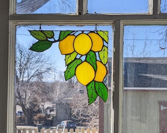Yellow Corner Branch of lemons Suncatcher Stain Glass, Home House Decor Window Wall Decoration Boho, Mother's Day gift