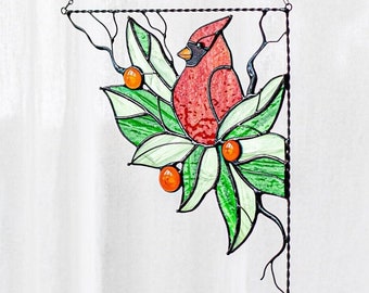 Cardinal Corner Branch Suncatcher Stained Glass House Decor Green Leaf Window Wall Decoration Art Picture